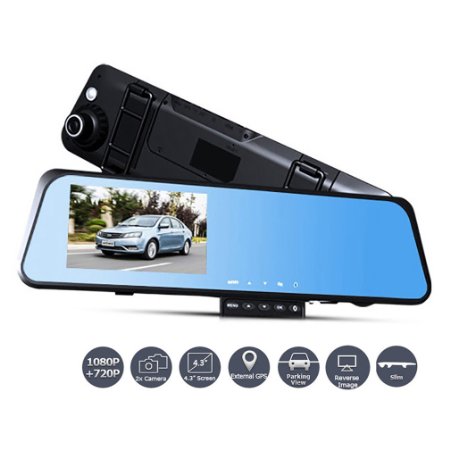 Car DVR Dash Camera , ZXLine Ultra-thin HD 4.3" 1080P Dual Lens Anti-glare Glass Mirror Reverse Parking Monitor