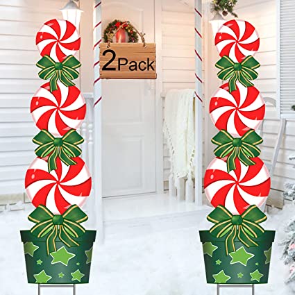 FLY HAWK Christmas Outdoor Decorations, 2 Pack, 47.5in Candy Xmas Yard Stakes Signs Weather Resistant Holiday New Year Home Decor for Lawn Yard Patio Halloween