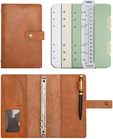 Wonderpool Binders Leather Diary Refillable Notebook Spiral Journal - Dot Grid Paper &Real Leather Inner Pockets for Travel Work and Personal Organizer (Brown, A6)