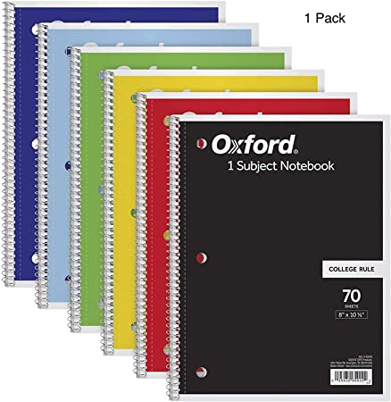 TOPS/Oxford 1-Subject Notebooks, 8" x 10-1/2", College Rule, 70 Sheets, 6 Pack, Color Assortment May Vary (65007) Pack of 1