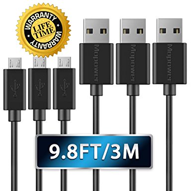 Mopower 9.8ft/3M USB 2.0 A Male to Micro B Charge and Sync Data Cables for Android, Samsung Galaxy,HTC,Motorola Mobile Phones & Tablet Black (3-Pack)