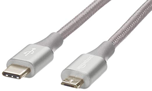 AmazonBasics Double Braided Nylon USB Type-C to Micro-B 2.0 Male Charger Cable | 10 feet, Silver