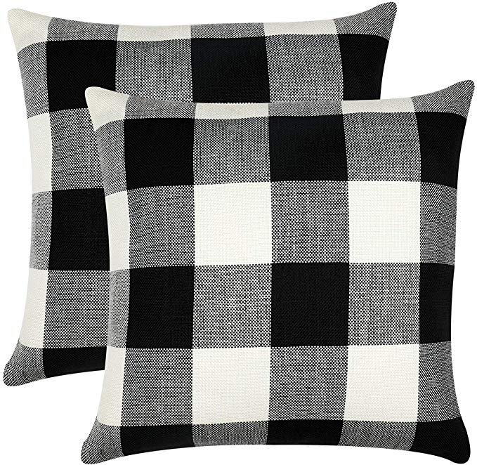 GirlyGirl Boutique Farmhouse Decorative Buffalo Check Plaid Pillow Covers Black and White Classic Linen Throw Pillow Covers for Couch, Bed, Sofa，Pack of 2（20 x 20 Inch）