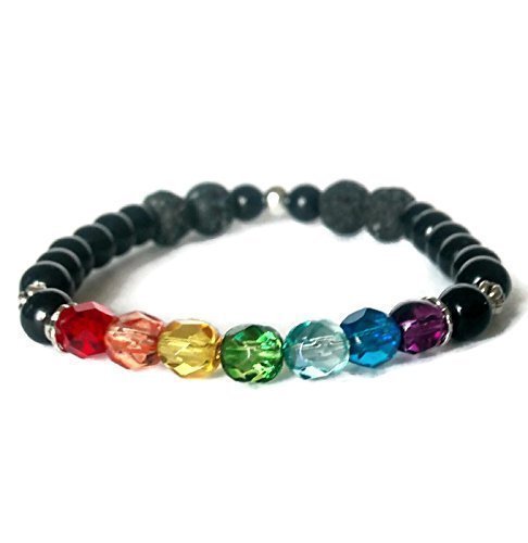 Chakra Rainbow Crystal Black Onyx Bead Aromatherapy Essential Oil Diffuser Bracelet