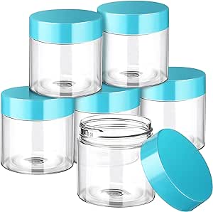 6 Pack Clear Container with Lids Small Plastic Pot Jars Wide Mouth Round Leak Proof Plastic Container Jars with Lid for Travel Storage, Eye Shadow, Nails, Paint, Jewelry (2 oz, Blue)