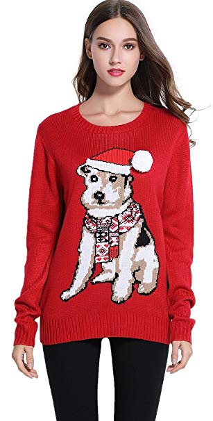 daisysboutique Women's Christmas Cute Puppy Dog Print Knitted Sweater Girl Pullover