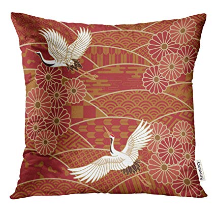 VANMI Throw Pillow Cover White Bird Two Cranes and Chrysanthemums Japanese Traditional Wave Pattern Beige Japan Oriental Decorative Pillow Case Home Decor Square 18x18 Inches Pillowcase