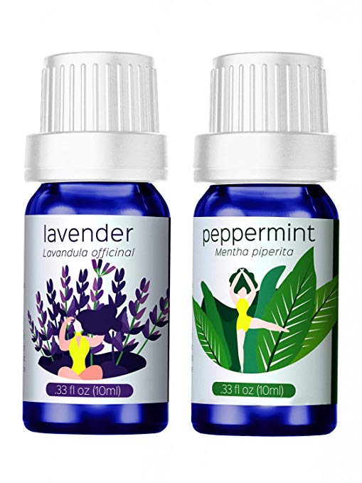 Homasy Essential Oils, Lavender + Peppermint, 100% Pure & Natural Aromatherapy Oil, Therapeutic-Grade Upgraded Aroma Starter Gift Set for Baby Women Spa Relax (2 x 10ml/Bottle) (2 Bottles)