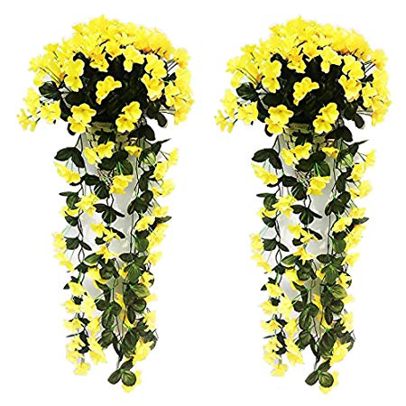 Evoio Artificial Violet Ivy Flowers, 2PCS DIY Hanging Basket Garland Wedding Wall Ratta Silk String Floral Decoration (Yellow)
