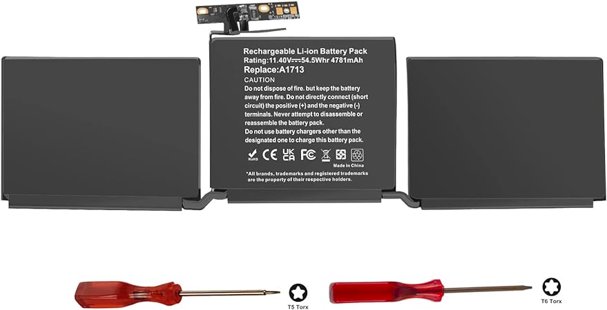 ASUNCELL 54.5Wh A1713 A1708 Battery Replacement for MacBook Pro 13'' inch A1708 Late 2016 Mid 2017 EMC 2978 EMC 3164 MPXQ2LL/A MLL42B/A MLL42LL/A MLL42Y/A MLUQ2LL/A MPXQ2B/A 020-00946 4781mAh