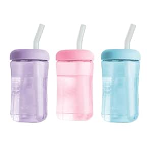 The First Years Squeeze & Sip Toddler Straw Cups - Squeezable Transition Sippy Cup with Silicone Straw - Toddler Feeding Supplies - Pink/Purple/Blue - 7 Oz - 3 Count - Ages 6 Months and Up