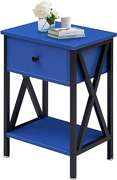 VECELO Nightstand, Modern Bedside End Table, Night Stand with Drawer and Storage Shelf for Living Room Bedroom, Industrial Metal Frame, 1 Pack, Dark Blue