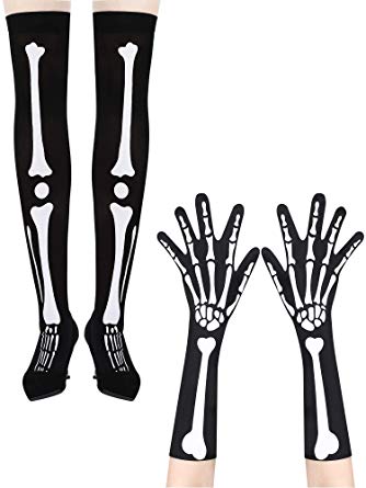Halloween Skeleton Gloves Stockings Set, Black Skeleton Opera Gloves and Knee Thigh High Stockings