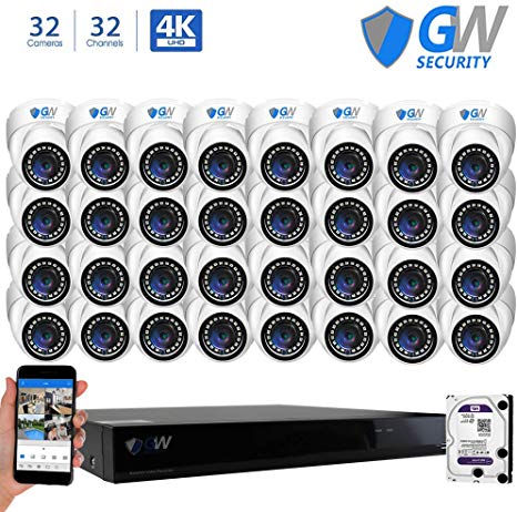 GW Security 32 Channel NVR 5 Megapixel H.265 Security Camera System, 32 Built-in Microphone Audio Recording HD 1920P IP PoE Dome Cameras, QR-Code Connection
