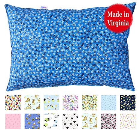 Toddler Pillow (13" x 18") in White & Prints - Hypoallergenic - Machine Washable - Double Stitched for Extra Strength - Made in Virginia by A Little Pillow Company (Blue Swirls)