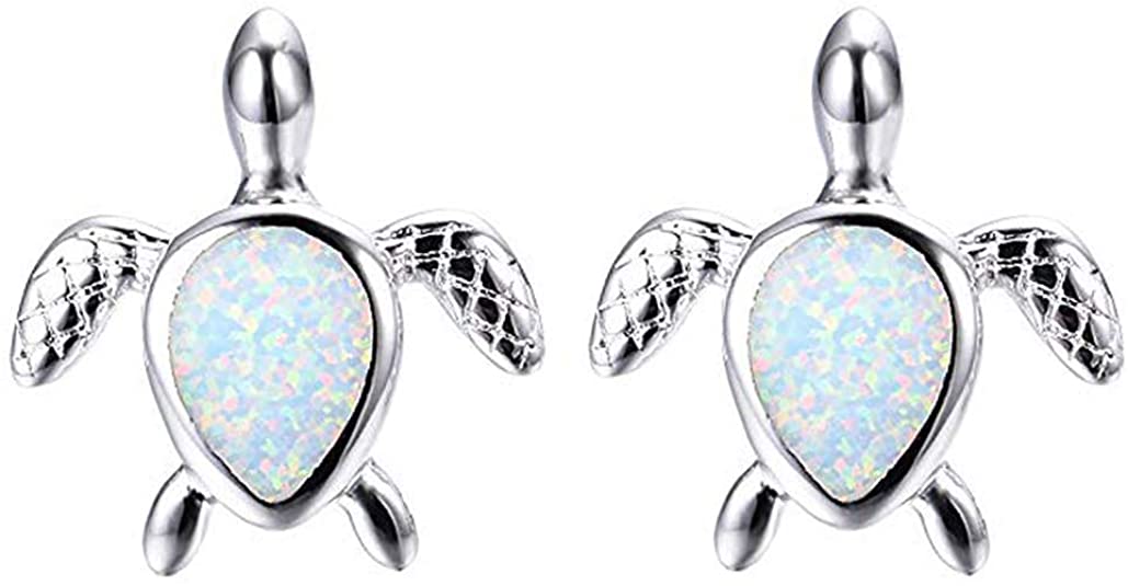 CiNily Opal Stud Earrings Turtle Earrings 14K White Gold Plated Cute Animal Gemstone Earrings Jewelry Gift