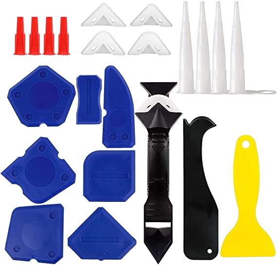 23PCS Caulking Tool Kit, WOVTE Silicone Tool Kit with Caulk Remover Sealant Finishing Tool, 3 in 1 Grout Scraper， Caulk Remover Nozzle and Caps 3 Replacement Pads Mastic Tools