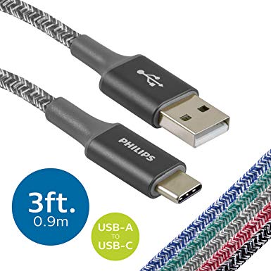 Philips 3 Ft. 2 Pack USB Type C Cable, USB-A to USB-C Gray Durable Braided Fast Charging Cable, Compatible with iPad Pro, MacBook Pro, Samsung Galaxy S10 S9 Note 9 8 S8 Plus, DLC5223GA/37