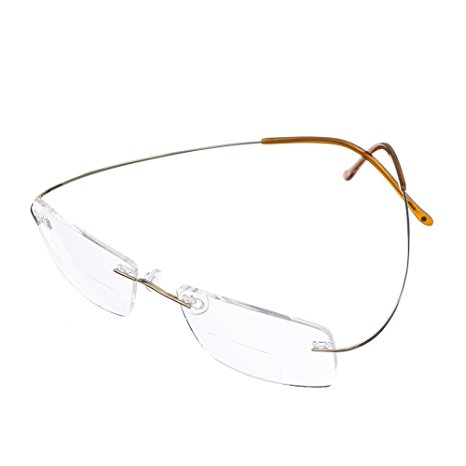 Bi Tao Super Light 100% Titanium Bifocal Reading Glasses Men Women Fashion Rimless Reading Eyeglasses + Eyewear Case(Golden,+3.00)