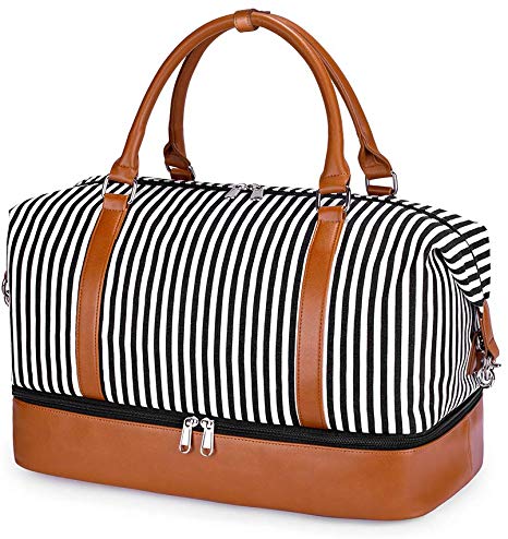 SUVOM Women Weekend Bag Canvas Overnight Travel Tote Bag Carry on Shoulder Duffel Bag with PU Leather Strap (White/Black Thin Vertical Stripes)