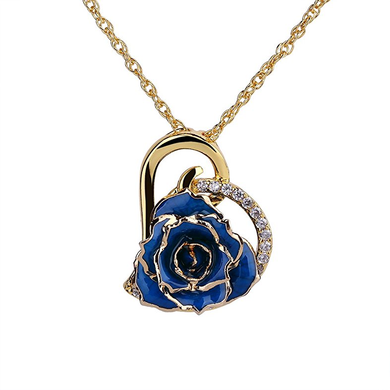 ZJchao 24K Gold Plated Rhinestone Heart Shaped Rose Pendant Necklace for Women