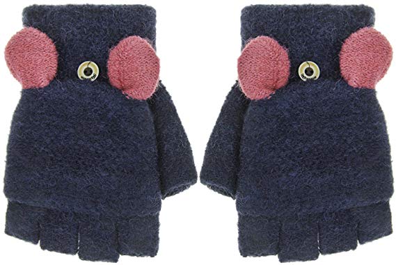 Cute Rabbit Wool Knit Convertible Fingerless Gloves with Mitten Cover for Girls