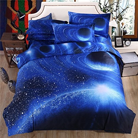 Sookie New 3D Print Galaxy Universe Bedding Set for Teen Blue Starry Sky Zipper Duvet Cover Flat Sheet with 2 Pillowcases