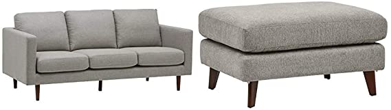 Amazon Brand Rivet Revolve Modern Upholstered Sofa Couch, 80";W, Grey Weave & Sloane Mid-Century Angled Leg Modern Ottoman, 31.9";W, Pebble