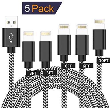 CredDeal iPhone Charger, [ MFi Certified ] Lightning to USB A Cable [5Pack-3/3/6/6/10FT] Nylon Braided Fast Charging & Syncing Long Cord Compatible iPhone 11 Pro Max XS XR X 8 7 6S 6 Plus iPad More