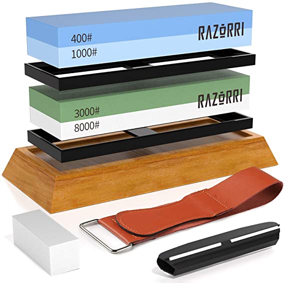 Razorri Solido 2 in 1 Knife Sharpening Stone Set | Whetstone Knifesharpener | 2 Sides Grit 400/1000, 3000/8000, with Bambu Non-Slip Base & Angle Guide | 18 x 6 x 3 cm