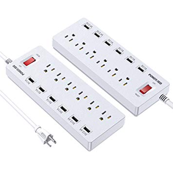 [2 Pack] POWERADD 6-Outlet 6 USB Ports Power Strip Extension Lead Surge Protector 1625W/13A, 6ft Heavy Cord Smartphones, Tablets, Desk Lamps, Computers, Other AC DC Devices