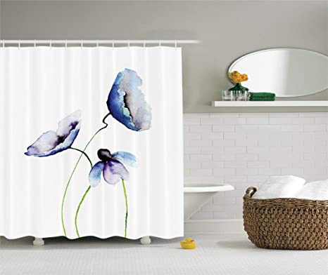 Ambesonne Watercolor Flower Shower Curtain, Abstract Poppies Blossoms Simple Composition Picture, Cloth Fabric Bathroom Decor Set with Hooks, 70" Long, Blue Green