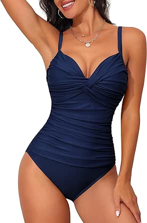 Hilor Women's Underwire One Piece Swimsuit Ruched Tummy Control Bathing Suits Push Up Twist Front Swimwear Monokini