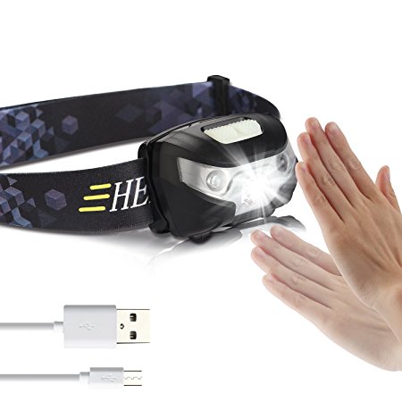 USB Rechargeable Sensor LED Headlamp - Super Bright, Waterproof Head Torch Perfect for Running, Walking, Camping, Reading, Hiking,DIY USB Cable Included (By STCT Street Cat)