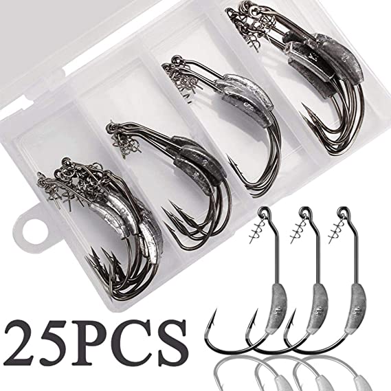NORTH BAY 25pcs/Box Weighted Fishing Hooks, Weighted Worm Hooks with Superline Spring Lock, Worm Hooks Kit for Bass 5 Sizes
