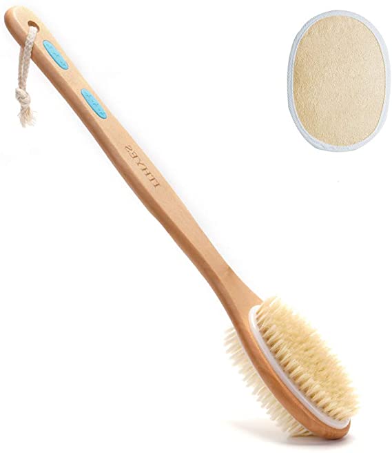 Ithyes Shower Brush with Soft and Stiff Bristles Body Brush Dry Brushing Back Scrubber Bath Brush Wood Long Handle Natural Bristles exfoliating Massage Double-sided Brush Head for Wet/Dry,Loofah Pad
