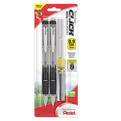 Pentel Twist Erase CLICK  Automatic Pencil with 2 Eraser Refills and Lead, 0.9 mm, Assorted Barrels, Color May Vary, 2 Pack (PD279TLEBP2)