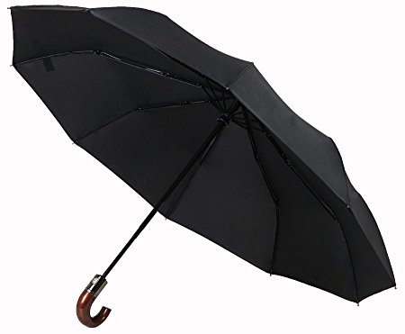 Fully Automatic 3 Folding 10Ribs Wood Crook Handle Compact Travel Umbrella For Mens UV Protection Strong Waterproof & Windproof (black)