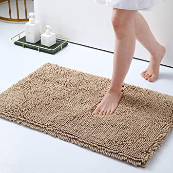 Olanly Luxury Chenille Bathroom Rugs, Bath Shower Mat Machine Wash Dry, Non Slip Absorbent Shaggy Bath Rug for Tub, Shower and Bath Room (17" x 24", Beige)