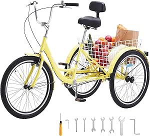 VEVOR Adult Tricycles Bike, 20 Inch Three-Wheeled Bicycles, 3 Wheel Bikes Trikes, Carbon Steel Cruiser Bike with Basket & Adjustable Seat, Picnic Shopping Tricycles for Seniors, Women, Men (Yellow)