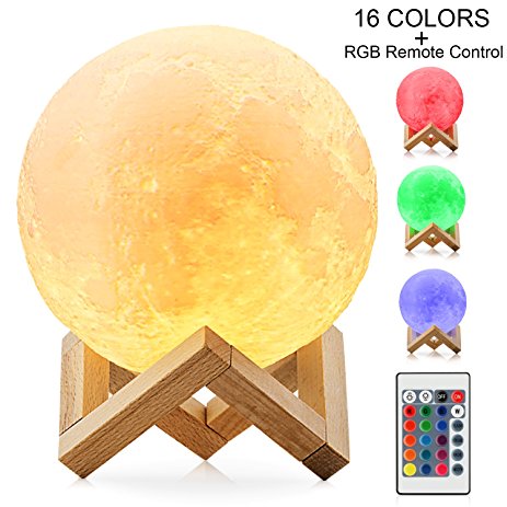 Moon Lamp, Magicfly 16 Colors RGB Moon Light with Remote & Touch Control, 3D Printing LED Night Light, Adjustable Brightness USB Rechargeable Lunar Light for Valentine's Gift, (5.9 inch)