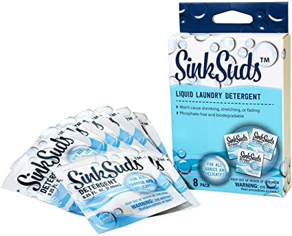 SinkSuds Travel Laundry Detergent Liquid Soap   Odor Eliminator for All Fabrics Including Delicates, (TSA Compliant), 8 Sink-Packets (0.25 fl oz each)