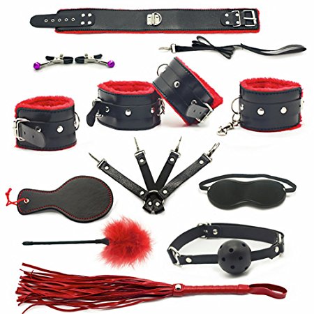 REKINK Red & Black 12/pc Bondage Cosplay Choker Collar and Hand and Ankle Restraint Emo Gothic Costume Set