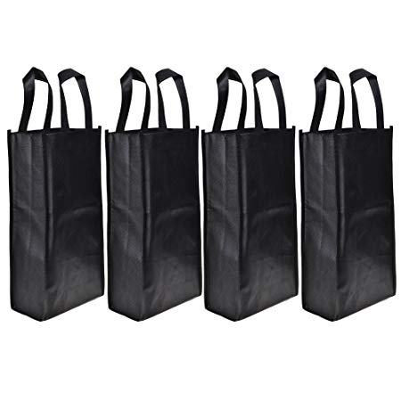 Cosmos ® 4 Pack Non-Woven 2-Bottle Wine Tote Bag Holder, Reusable Gift Bag - Black