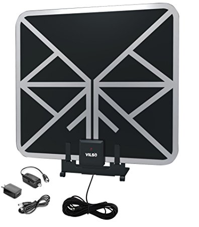 Vilso Flat HD Digital Indoor Amplified TV Antenna - 65 Miles Range - Detachable Amplifier Signal Booster - Antenna Stand - 12ft Coax Cable - Black