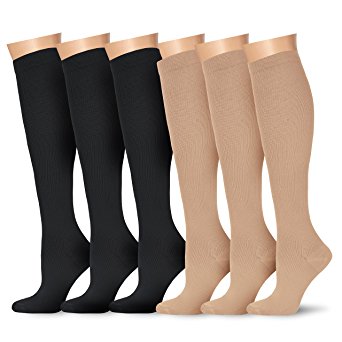 6 Pairs Knee High Graduated Compression Socks For Women and Men - Best Medical, Nursing, Travel & Flight Socks - Running & Fitness - 15-20mmHg