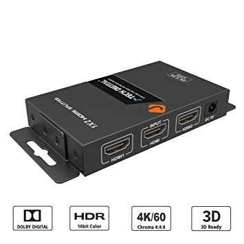 J-Tech Digital 4K@60Hz 1x2 HDMI Splitter supporting HDMI 2.0 18Gbps, HDCP 2.2 with adjustable EDID settings