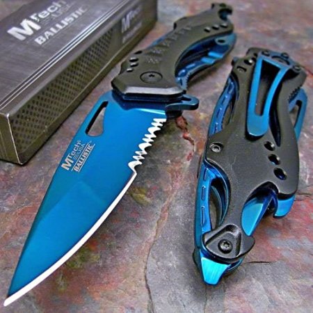 MTECH BLACK BLUE BOTTLE OPENER Folding Pocket Rescue Knife Blade