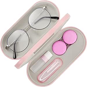 MoKo Double Eyeglass Case, Contact Lens Case with Mirror Tweezers Remover, 2 in 1 Double Sided Portable Contact Lens Box Holder Container Soak Storage Kit Sunglasses Pouch for Men & Women, Pink