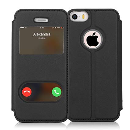 FYY iPhone SE Case, iPhone SE Cover, Magnetic Cover Stand Case with Window View Function for Apple iPhone SE Black